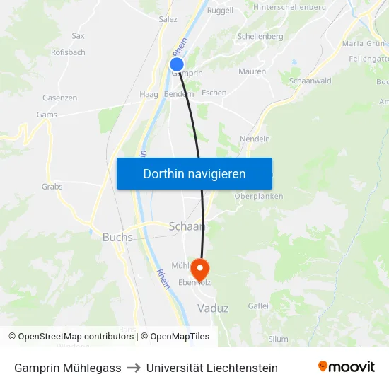 Gamprin Mühlegass to Universität Liechtenstein map
