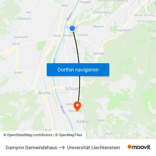 Gamprin Gemeindehaus to Universität Liechtenstein map