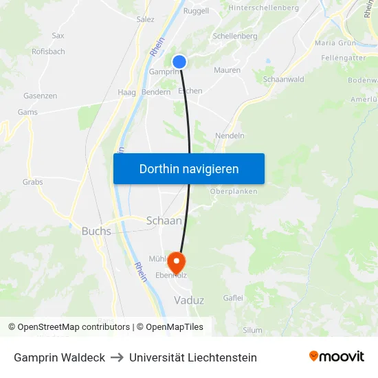 Gamprin Waldeck to Universität Liechtenstein map