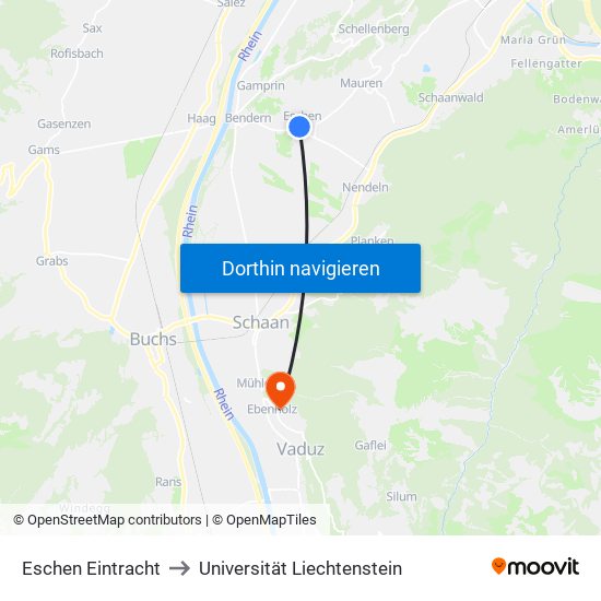 Eschen Eintracht to Universität Liechtenstein map