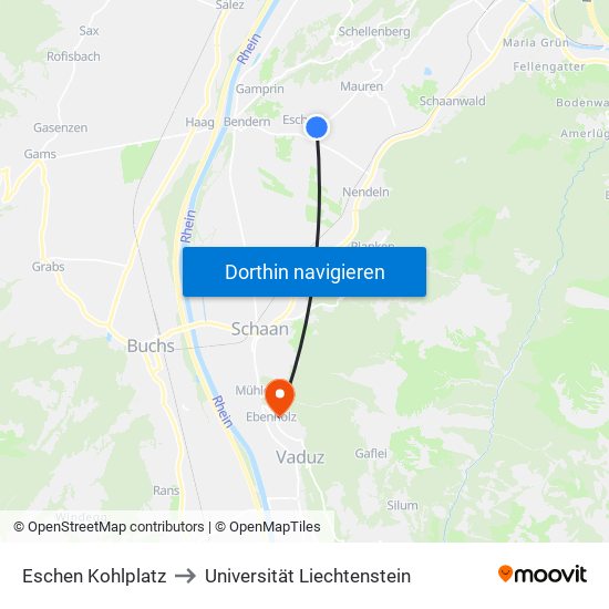 Eschen Kohlplatz to Universität Liechtenstein map