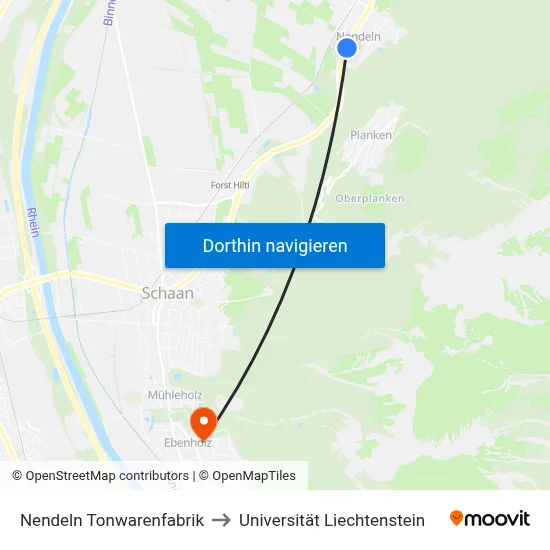 Nendeln Tonwarenfabrik to Universität Liechtenstein map