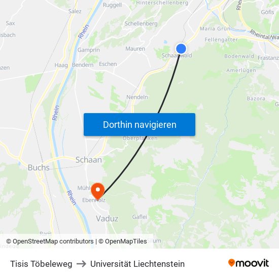 Tisis Töbeleweg to Universität Liechtenstein map