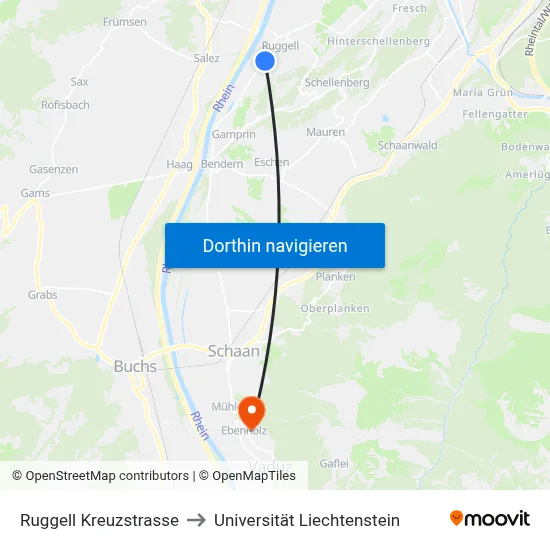 Ruggell Kreuzstrasse to Universität Liechtenstein map