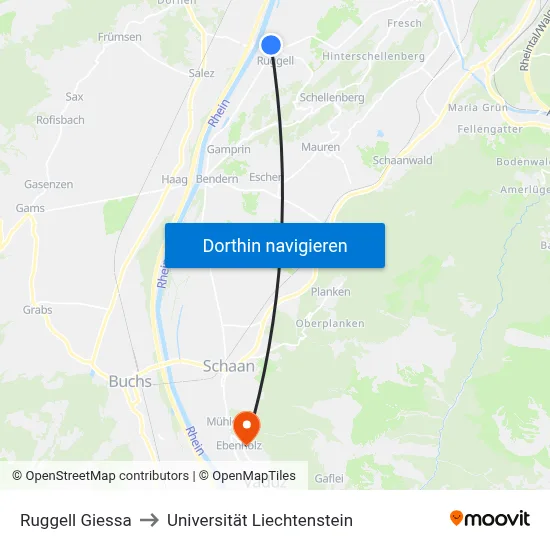 Ruggell Giessa to Universität Liechtenstein map
