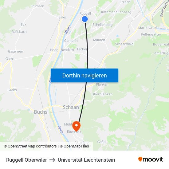 Ruggell Oberwiler to Universität Liechtenstein map