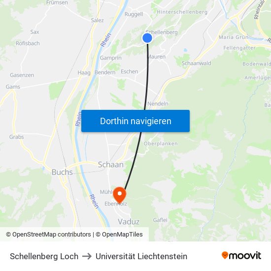 Schellenberg Loch to Universität Liechtenstein map