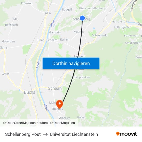 Schellenberg Post to Universität Liechtenstein map