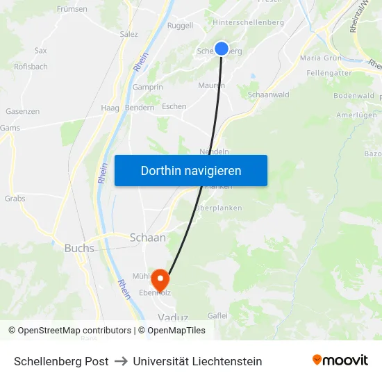 Schellenberg Post to Universität Liechtenstein map