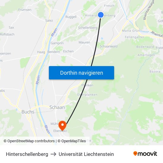 Hinterschellenberg to Universität Liechtenstein map