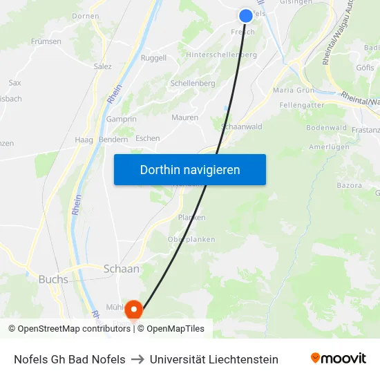 Nofels Gh Bad Nofels to Universität Liechtenstein map