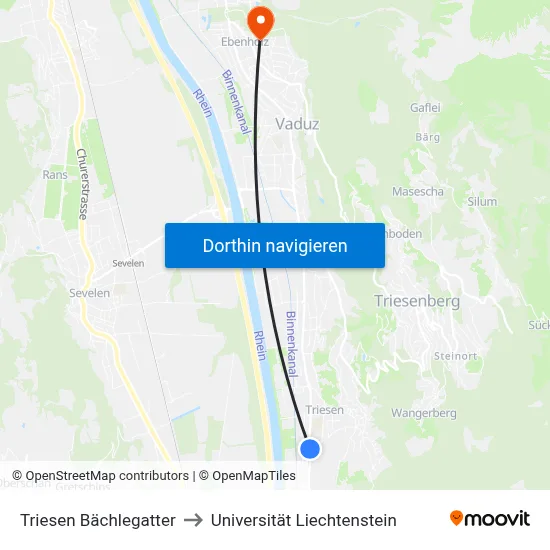 Triesen Bächlegatter to Universität Liechtenstein map