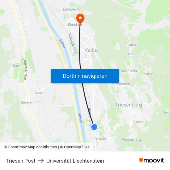 Triesen Post to Universität Liechtenstein map