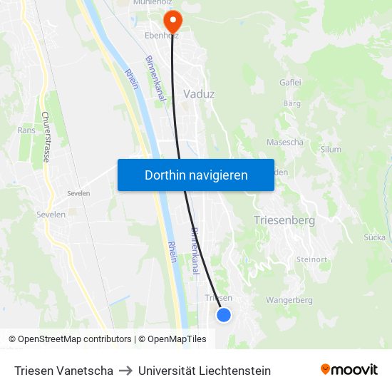 Triesen Vanetscha to Universität Liechtenstein map