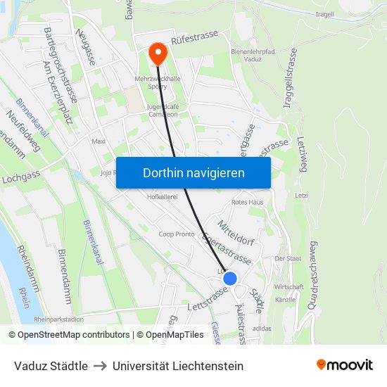 Vaduz Städtle to Universität Liechtenstein map