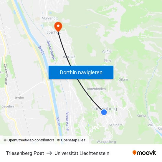 Triesenberg Post to Universität Liechtenstein map