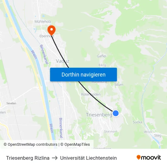 Triesenberg Rizlina to Universität Liechtenstein map