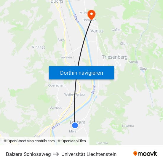 Balzers Schlossweg to Universität Liechtenstein map