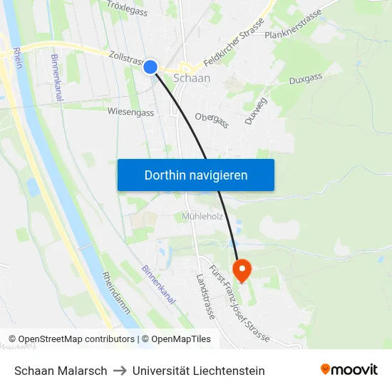 Schaan Malarsch to Universität Liechtenstein map