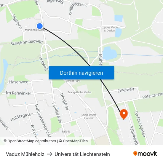 Vaduz Mühleholz to Universität Liechtenstein map