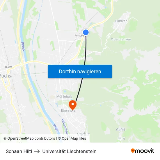Schaan Hilti to Universität Liechtenstein map