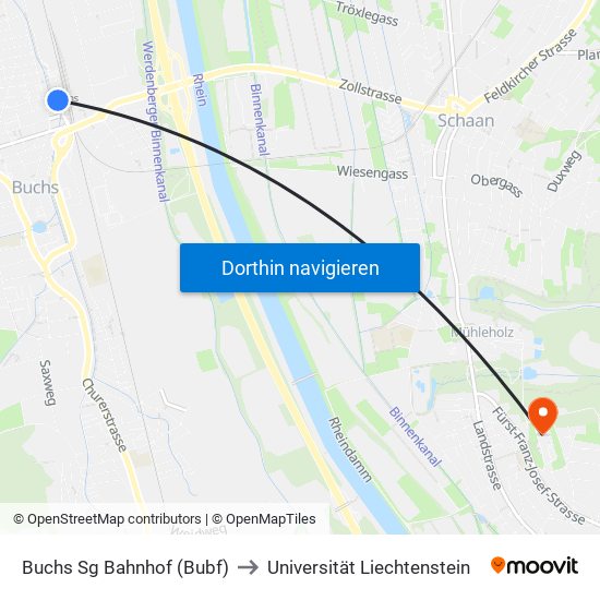 Buchs Sg Bahnhof (Bubf) to Universität Liechtenstein map