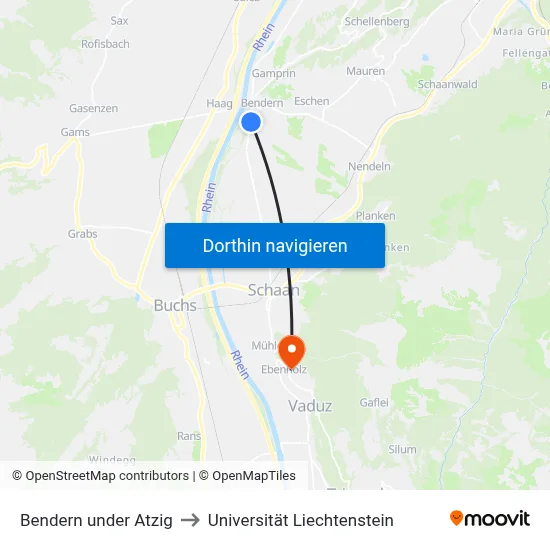 Bendern under Atzig to Universität Liechtenstein map