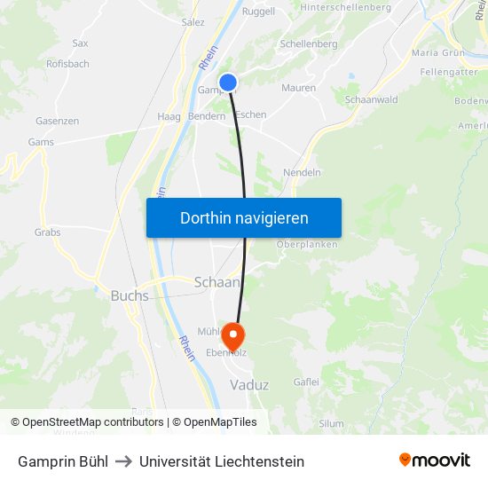 Gamprin Bühl to Universität Liechtenstein map