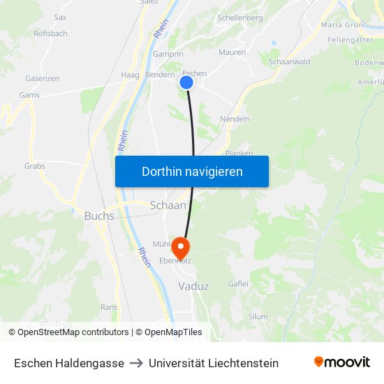 Eschen Haldengasse to Universität Liechtenstein map