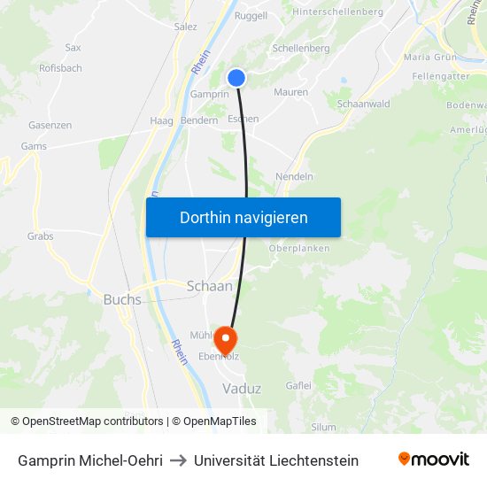 Gamprin Michel-Oehri to Universität Liechtenstein map