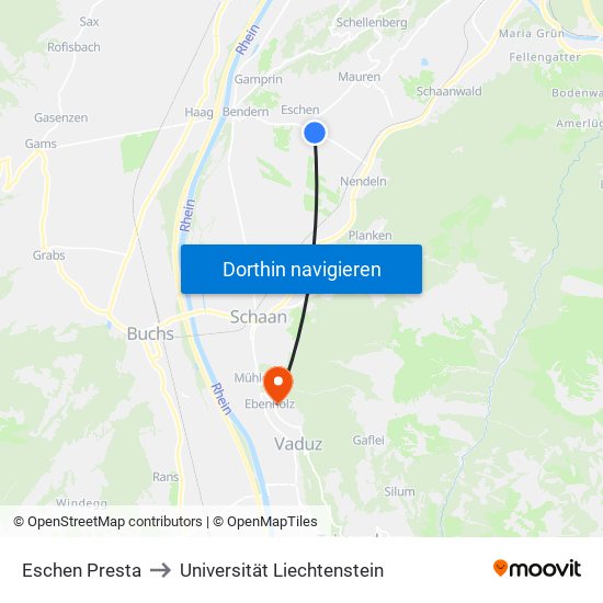 Eschen Presta to Universität Liechtenstein map