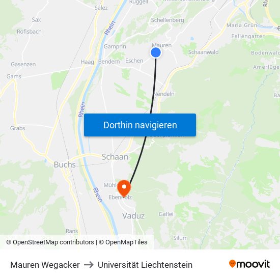 Mauren Wegacker to Universität Liechtenstein map