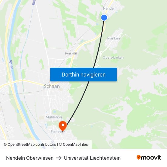 Nendeln Oberwiesen to Universität Liechtenstein map