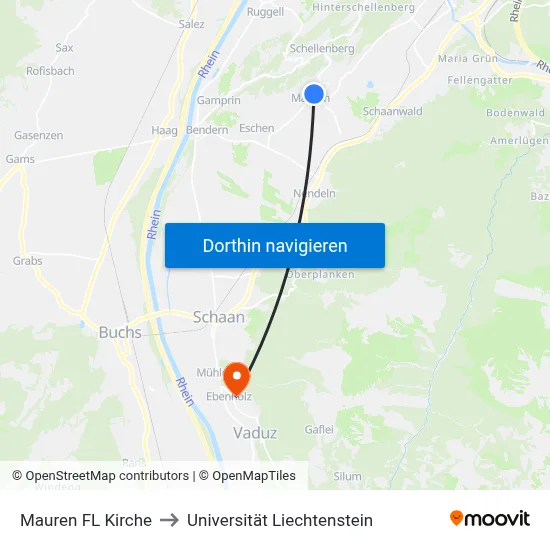 Mauren FL Kirche to Universität Liechtenstein map