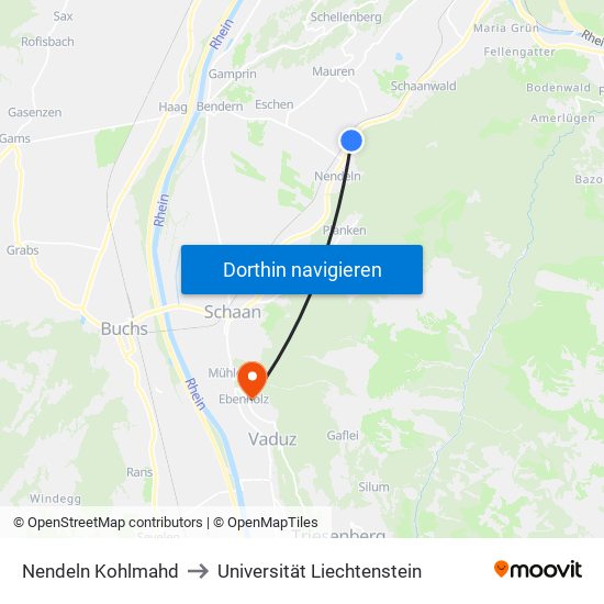 Nendeln Kohlmahd to Universität Liechtenstein map