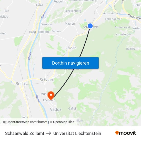Schaanwald Zollamt to Universität Liechtenstein map