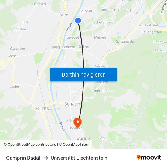 Gamprin Badäl to Universität Liechtenstein map