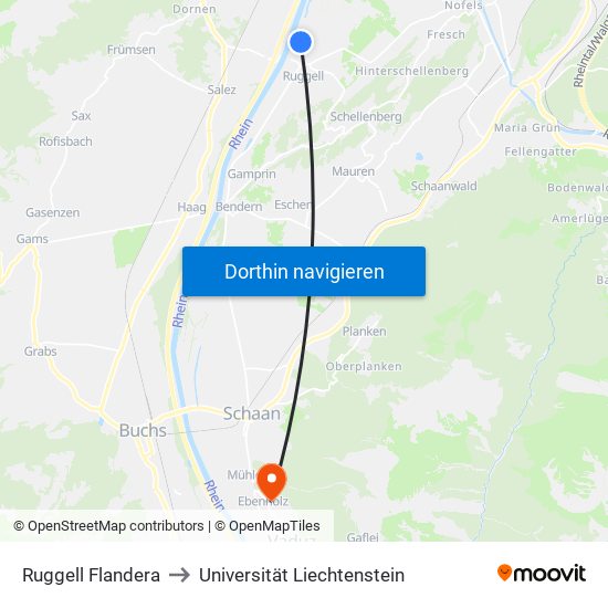 Ruggell Flandera to Universität Liechtenstein map