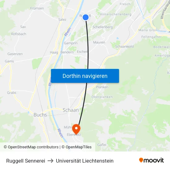 Ruggell Sennerei to Universität Liechtenstein map
