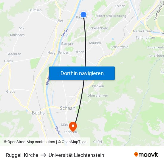 Ruggell Kirche to Universität Liechtenstein map