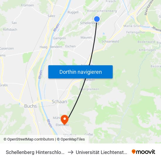 Schellenberg Hinterschloss to Universität Liechtenstein map