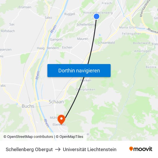 Schellenberg Obergut to Universität Liechtenstein map