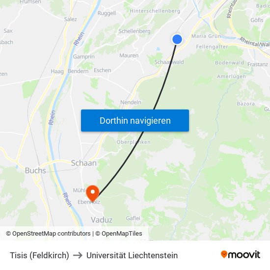 Tisis (Feldkirch) to Universität Liechtenstein map