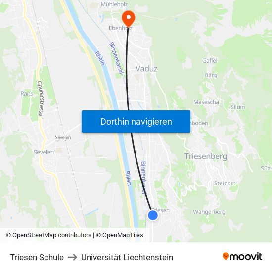 Triesen Schule to Universität Liechtenstein map