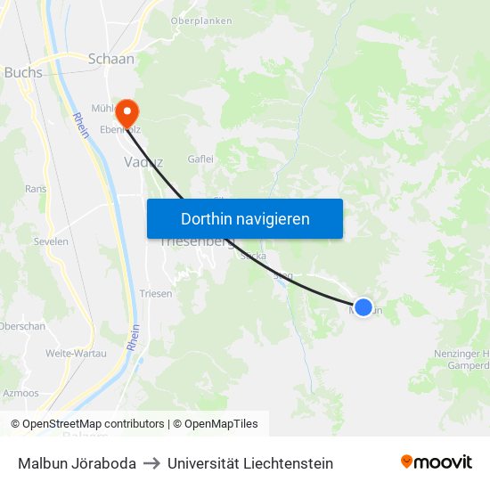 Malbun Jöraboda to Universität Liechtenstein map