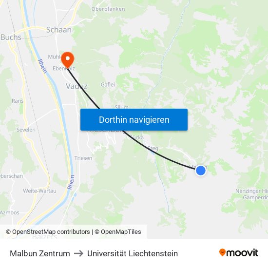Malbun Zentrum to Universität Liechtenstein map
