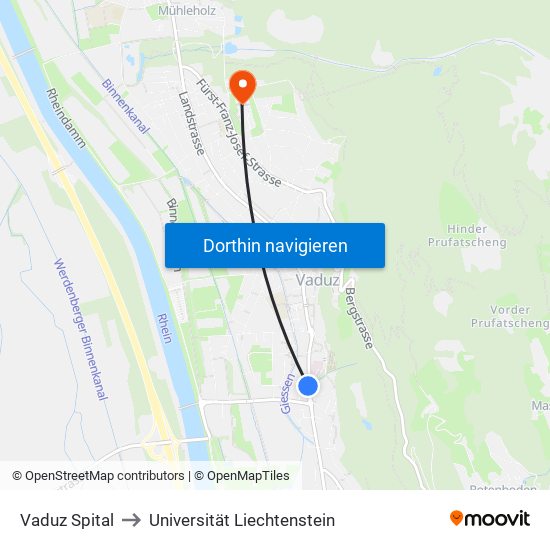 Vaduz Spital to Universität Liechtenstein map