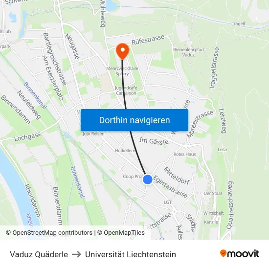 Vaduz Quäderle to Universität Liechtenstein map