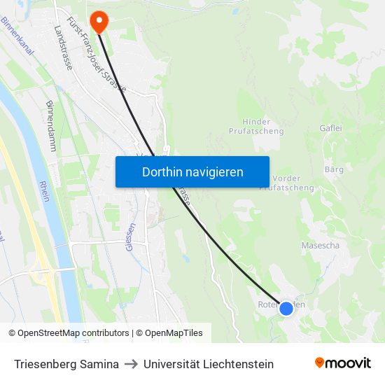 Triesenberg Samina to Universität Liechtenstein map