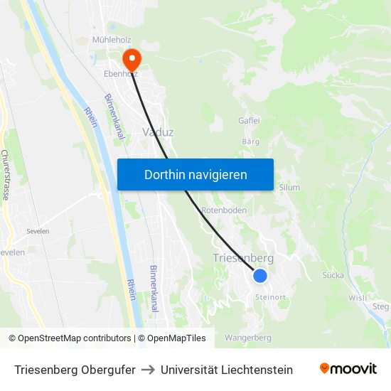 Triesenberg Obergufer to Universität Liechtenstein map